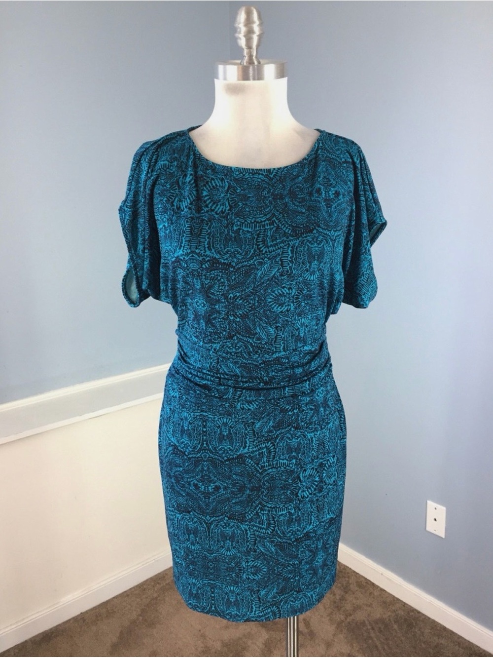 Ann Taylor Teal and Blue Printed Blouson Dress